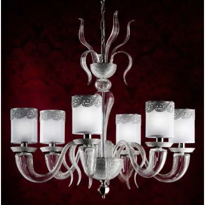 Zdjęcie Stylowy 6-świetlny żyrandol ze szkła Murano z elementami mosiężnymi inkrustowanymi kryształkami Swarovski - Il Paralume Marina