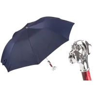 Picture Unique navy blue men's umbrella with tiny red dots with a handle in the shape of a Labrador's head - Pasotti