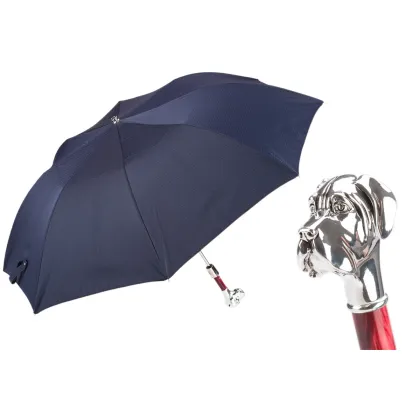 Picture Unique navy blue men's umbrella with tiny red dots with a handle in the shape of a Labrador's head - Pasotti