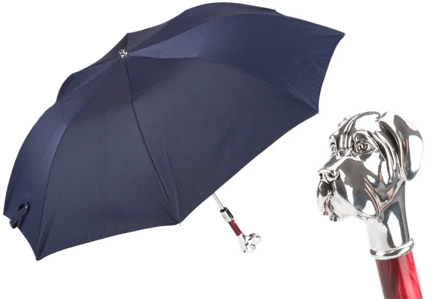 obrazek 1 Wyjątkowy granatowy parasol męski w drobne czerwone kropki z rączką w kształcie głowy labradora - Pasotti