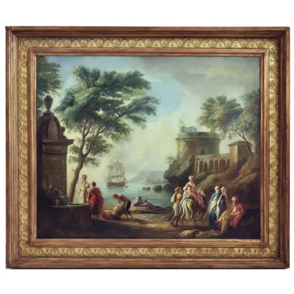 Zdjęcie Zjawiskowy obraz na płótnie z krajobrazem i postaciami 90x110 cm - Angelo Granati