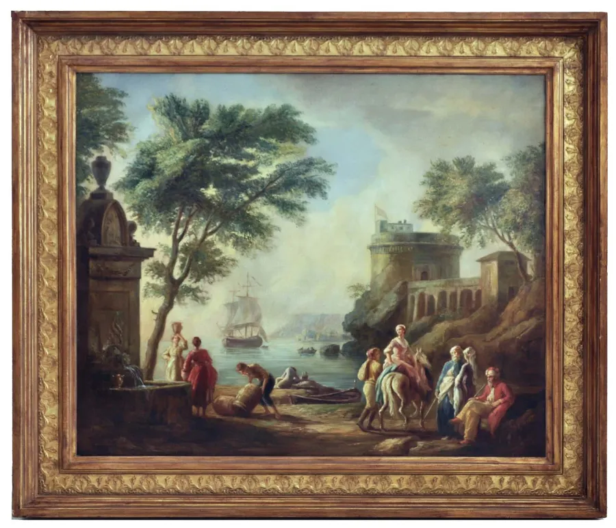 obrazek 1 Zjawiskowy obraz na płótnie z krajobrazem i postaciami 90x110 cm - Angelo Granati
