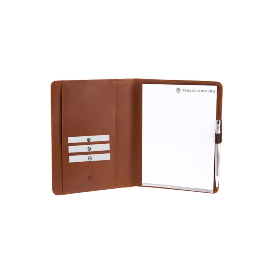 obrazek 2 Eleganckie etui do notowania A5 z gładkiej skóry w kolorze koniaku i drewna Amazaque