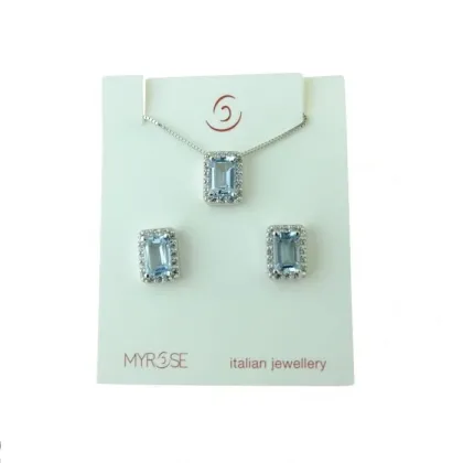 Zdjęcie Zestaw z niebieskim kamieniem i cyrkoniowym kamieniem 5x7mm. 4 bolce z zawieszką w kształcie pętelki. Łańcuszek wenecki 42 cm z redukcją 40 cm, karabińczyk