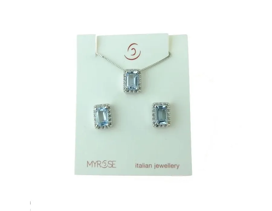obrazek 1 Zestaw z niebieskim kamieniem i cyrkoniowym kamieniem 5x7mm. 4 bolce z zawieszką w kształcie pętelki. Łańcuszek wenecki 42 cm z redukcją 40 cm, karabińczyk