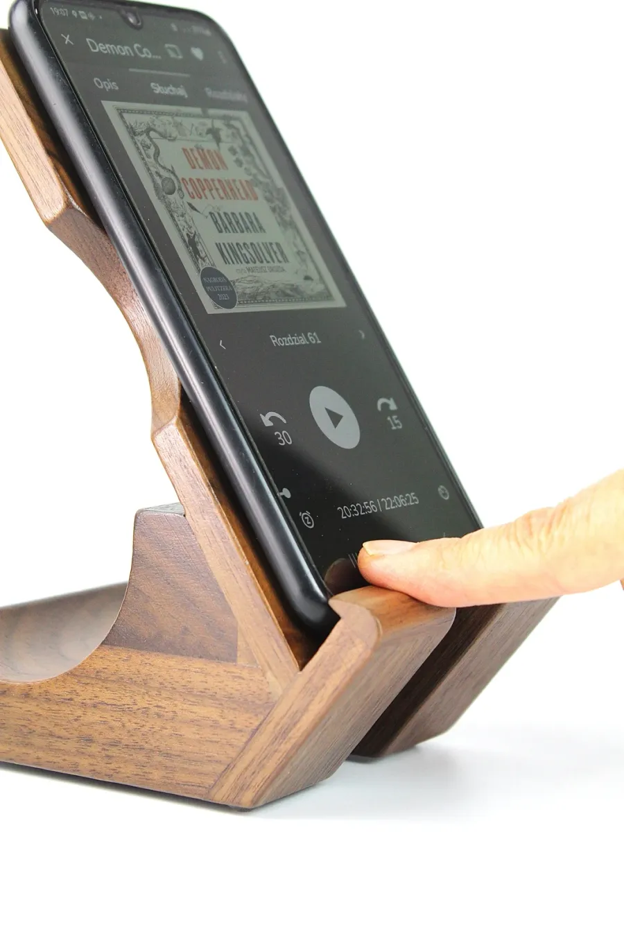 obrazek 4 Ekskluzywny stojak na telefon z orzecha amerykańskiego. Stojak na iPada, tablet, smartfon. Stojak na czytnik e-booków. Wykonane ręcznie.