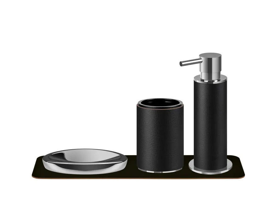 obrazek 4 Ekskluzywny chromowany dozownik Ø7xH19 cm z czarnym skórzanym wykończeniem