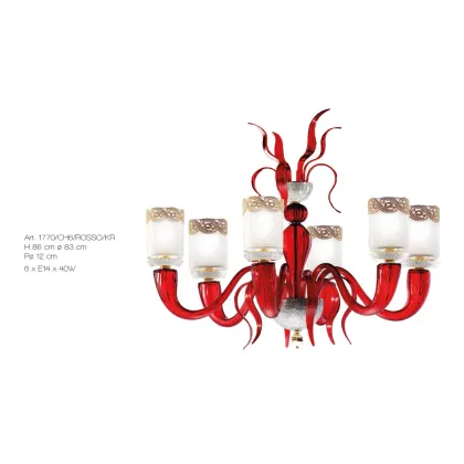 Zdjęcie 6-świetlny żyrandol z czerwonego szkła Murano z mosiężnymi elementami inkrustowanymi kryształami Swarovski - Il Paralume Marina