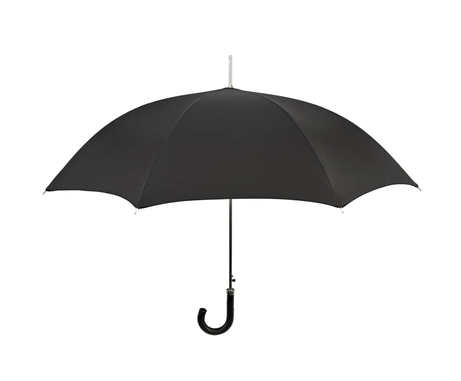 obrazek 1 Ekskluzywny czarny parasol męski Ø110xL95 cm z plecioną skórzaną rączką