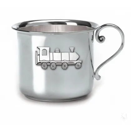 Picture Original silver mug for a child decorated with a train motif – Zaramella Argenti
