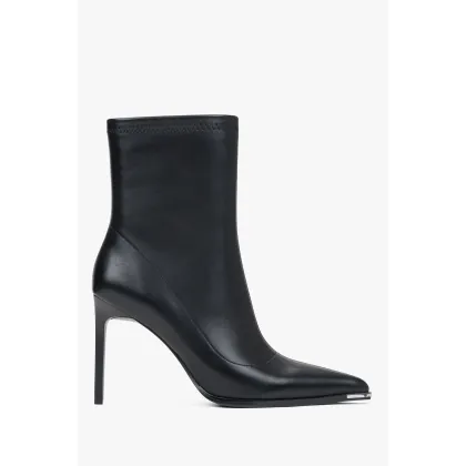 Zdjęcie Estro: Czarne skórzane botki damskie na wysokim obcasie z elastyczną cholewą