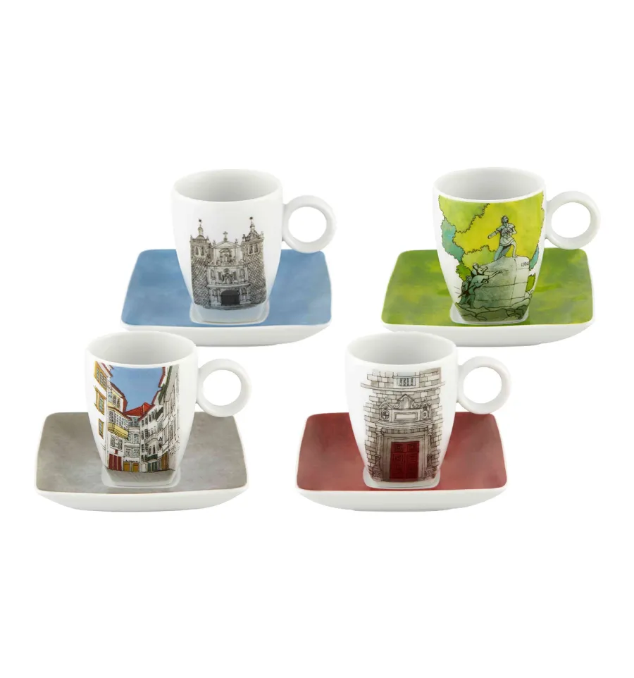 obrazek 1 Zestaw 4 porcelanowych filiżanek do kawy ze spodkami z widokami architektury - Vista Alegre