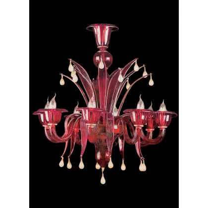 Zdjęcie Interesujący czerwony żyrandol ze szkła Murano na 6 żarówek