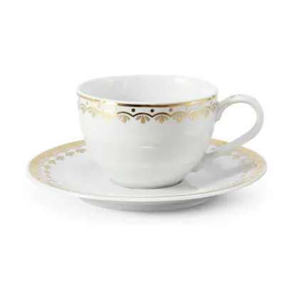 Zdjęcie Stylowa filiżanka ze spodkiem z porcelany zdobiona subtelnym złotym motywem - wariant 3 – Leander