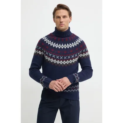 Zdjęcie Barbour sweter wełniany męski kolor granatowy z golferm