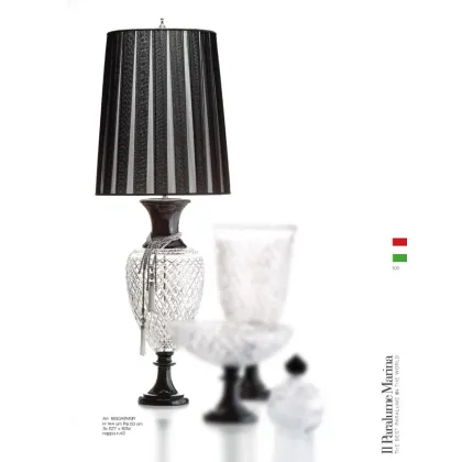 Zdjęcie Lampa stołowa z czarnego i przezroczystego ręcznie wycinanego włoskiego kryształu i abażuru z czarnym szyfonem - Il Paralume Marina