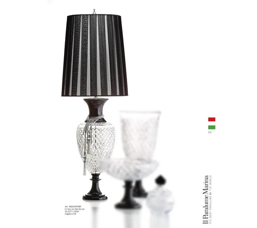 obrazek 1 Lampa stołowa z czarnego i przezroczystego ręcznie wycinanego włoskiego kryształu i abażuru z czarnym szyfonem - Il Paralume Marina