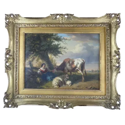 Zdjęcie Pejzaż z odpoczywającą pasterzem, owcą i krową, Tschaggeny 1849