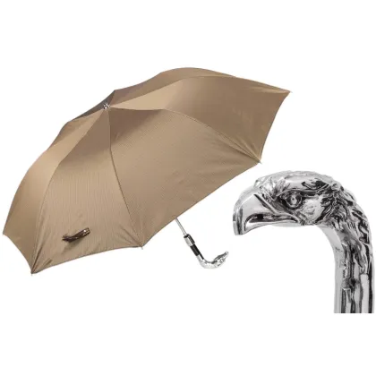 Picture Classic beige men's umbrella with a handle in the shape of an eagle's head - Pasotti