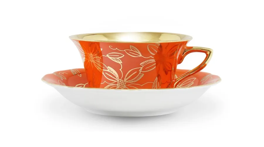 obrazek 1 Piękna porcelanowa filiżanka do herbaty Windsor ze spodkiem w kolorze pomarańczowym zdobiona złotym motywem kwiatowym – Leander