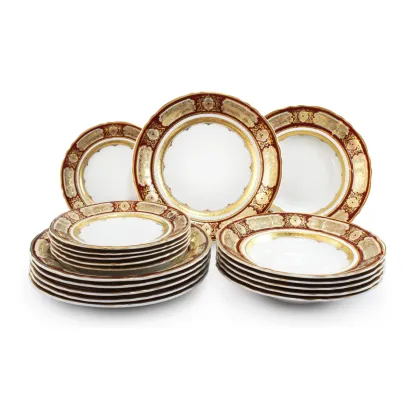 Zdjęcie Piękny bogato zdobiony 18-elementowy komplet talerzy z porcelany – Leander