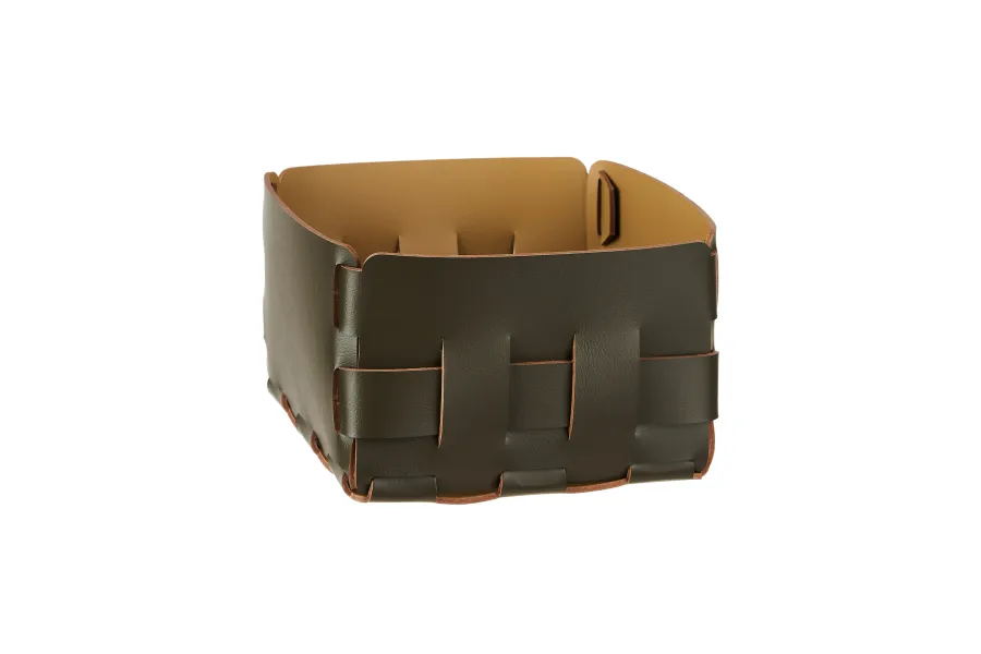 obrazek 3 Ciemnooliwkowy skórzany kosz Bottega 19x19xH13 cm do wyjątkowego wnętrza