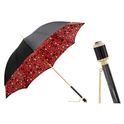 Zdjęcie Wyjątkowy czarny parasol damski w łatki na czerwonym tle – Pasotti