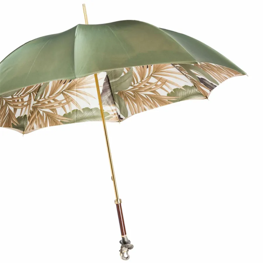 obrazek 6 Luksusowy oliwkowy parasol damski zdobiony roślinnym wzorem z rączką ze słoniem – Pasotti