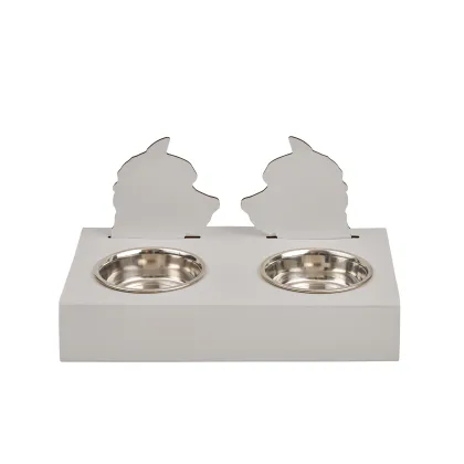 Zdjęcie Stylowy skórzany uchwyt na miski dla psa 40x22xH7,5 cm w kolorze perłowym