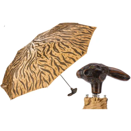 Zdjęcie Oryginalny brązowy parasol damski zdobiony wyjątkowym animalistycznym wzorem z rączką w kształcie głowy królika - Pasotti