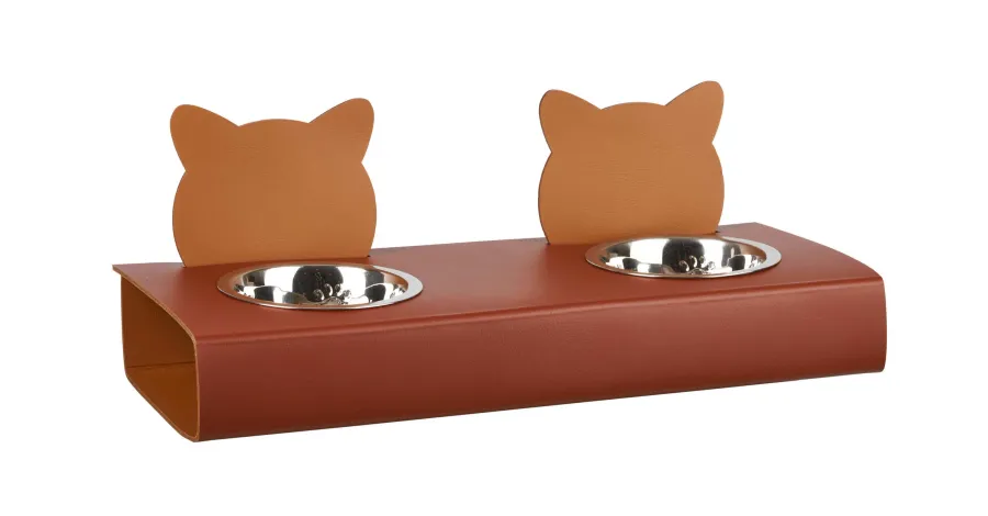 obrazek 1 Niepowtarzalny skórzany zestaw misek dla kota 40x16xH6 cm w kolorze burgundowym