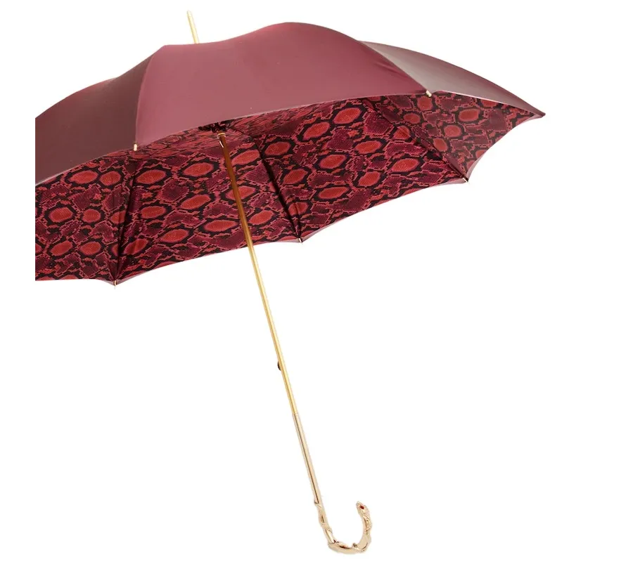 obrazek 7 Piękny stylowy bordowy parasol damski zdobiony wzorem skóry pytona z rączką –pytonem – Pasotti