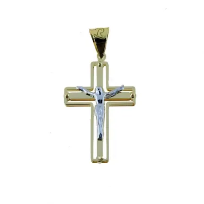 Zdjęcie Klasyczny krzyż płytowy podwójny z Chrystusem o wymiarach 30x18mm.