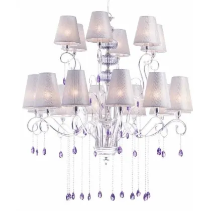 Zdjęcie Żyrandol z osiemnastoma światłami ze stożkowymi kloszami i zawieszkami Swarovski z fioletową kroplą - Il Paralume Marina