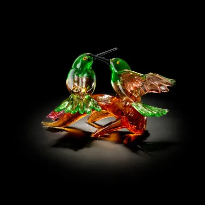 Zdjęcie Gałązka bursztynowa z 2 kolibrami ze złotem Murano