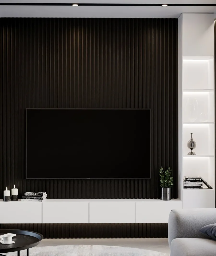 obrazek 1 275x51x5,9 cm LD (9 lameli czarny dąb) panel akustyczny na płycie MDF 19 mm - dekoracja ścienna 3D