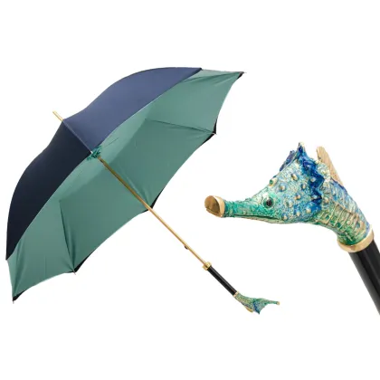 Zdjęcie Stylowy granatowo turkusowy parasol damski z rączką – głową konika morskiego – Pasotti