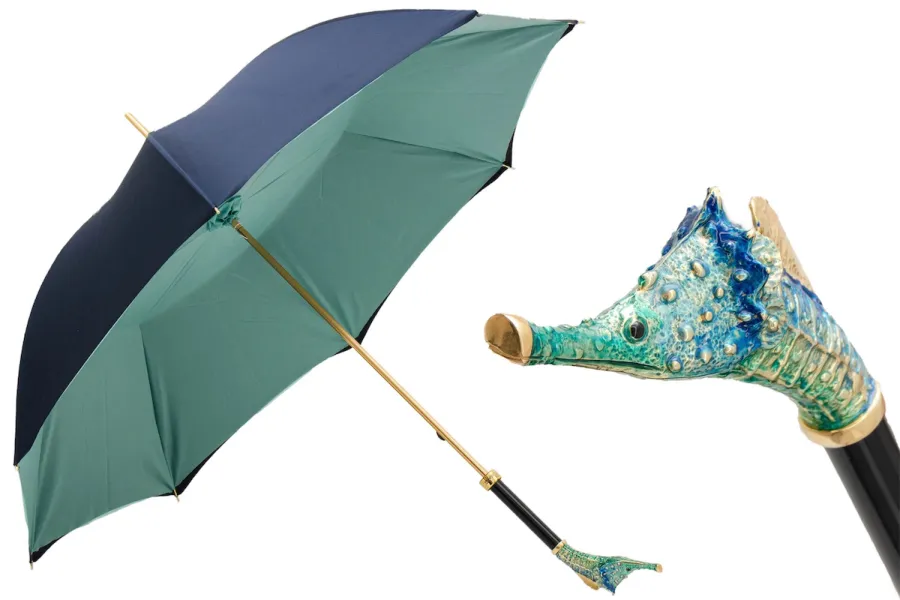 obrazek 1 Stylowy granatowo turkusowy parasol damski z rączką – głową konika morskiego – Pasotti