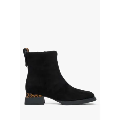 Zdjęcie Estro: Czarne botki damskie z weluru z panterkowym zdobieniem
