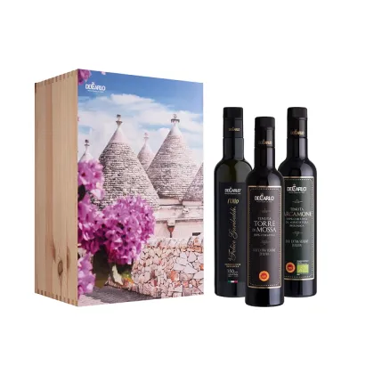 Zdjęcie Drewniane pudełko upominkowe z 3 włoskimi butelkami oliwy z oliwek