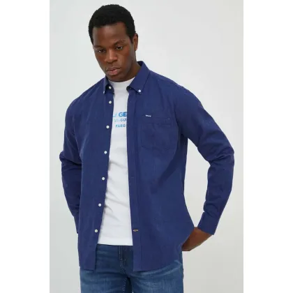 Zdjęcie Barbour koszula lniana kolor granatowy slim z kołnierzykiem button-down MSH5090