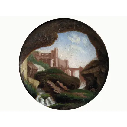 Picture Bartolomeo Maumari, View from the Grotto painted in oil on cardboard in a carved wooden frame
