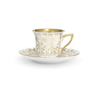 Zdjęcie Porcelanowa filiżanka do kawy Windsor ze spodkiem w kolorze białym zdobiona złotym motywem kwiatowym – Leander