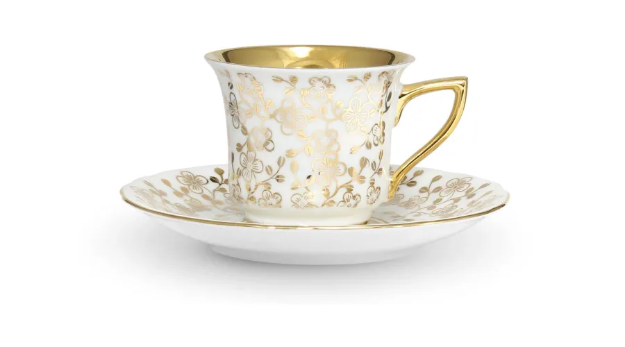 obrazek 1 Porcelanowa filiżanka do kawy Windsor ze spodkiem w kolorze białym zdobiona złotym motywem kwiatowym – Leander