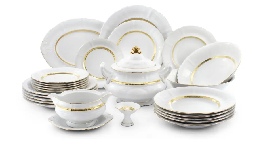 obrazek 1 Piękna 25-częściowa zastawa obiadowa z porcelany w stylu nowoczesnym z kolekcji Golden braid – Leander