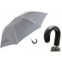 Zdjęcie Wyjątkowy parasol męski w czarno biały drobny wzór ze skórzaną czarną rączką - Pasotti