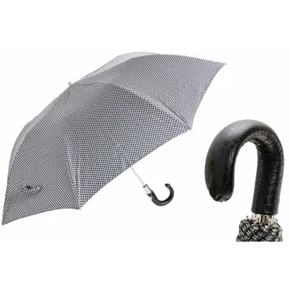 Picture A unique men's umbrella in a black and white small pattern with a black leather handle - Pasotti