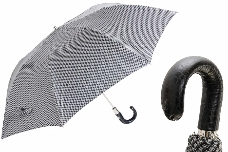 obrazek 1 Wyjątkowy parasol męski w czarno biały drobny wzór ze skórzaną czarną rączką - Pasotti