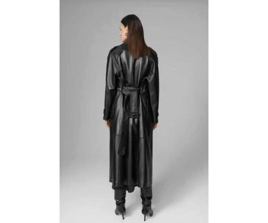 obrazek 4 Elegancki trencz oversize ze skóry naturalnej