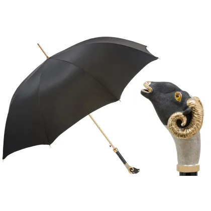 Picture A unique black men's umbrella with a handle in the shape of a mouflon head - Pasotti